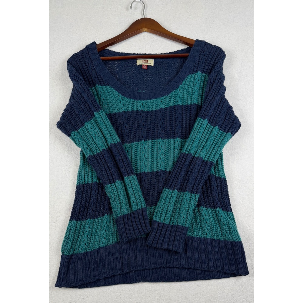 Vintage LEI Striped Knit Sweater XL Navy Teal Blue Green Y2K Grunge Open Stitch